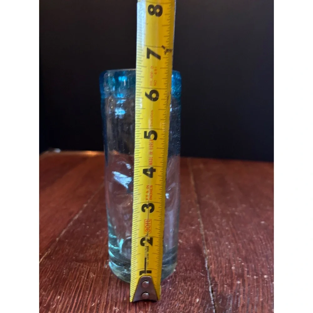 Handblown Mexican Tequila Glass Turquoise Blue Rim Dimpled Recycled Glass 6.25in